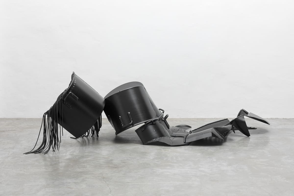 Untitled, 2018, pots, leather, 255x120x70 cm